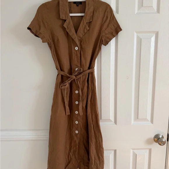Quince 100% European Linen Button Front Dress Brown Tan Tie XS - Picture 3 of 6